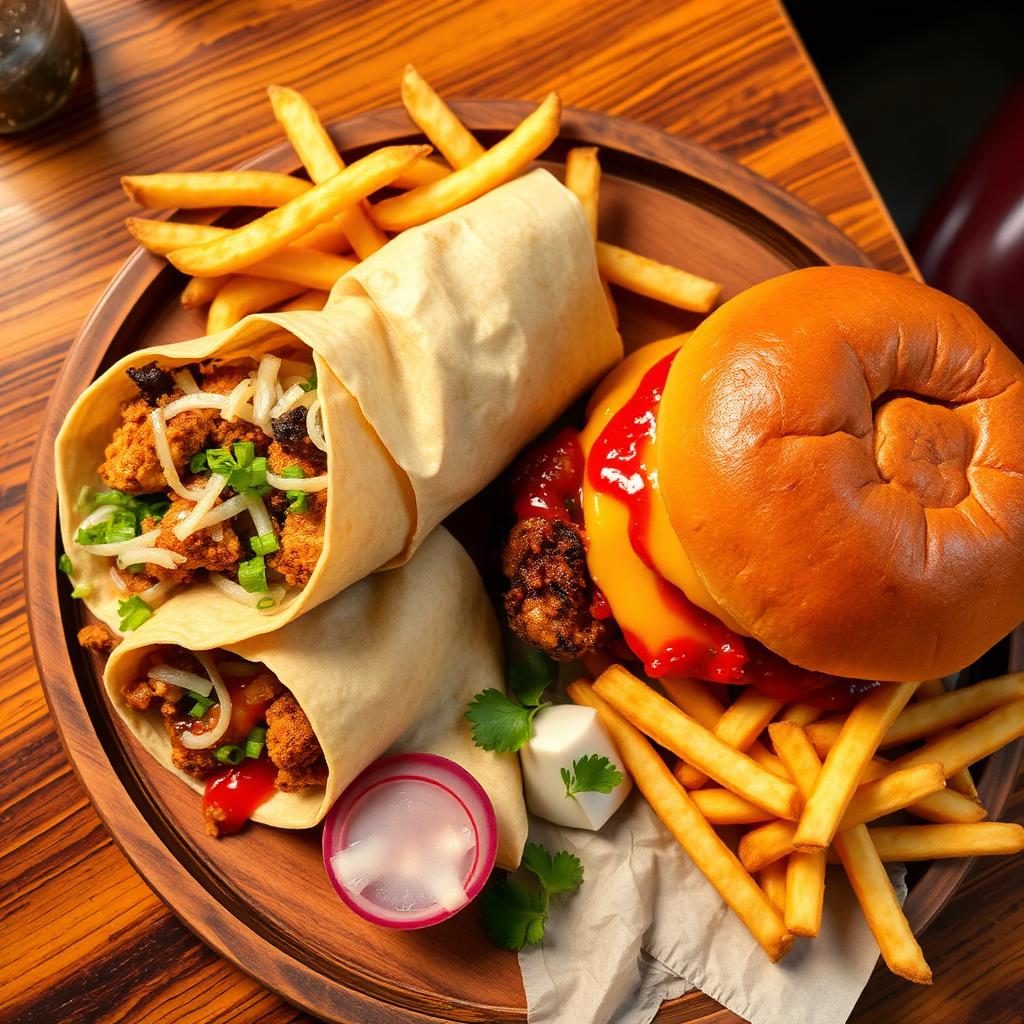 Chicken shawarma wrap, cheeseburger and french fries on a wooden platter