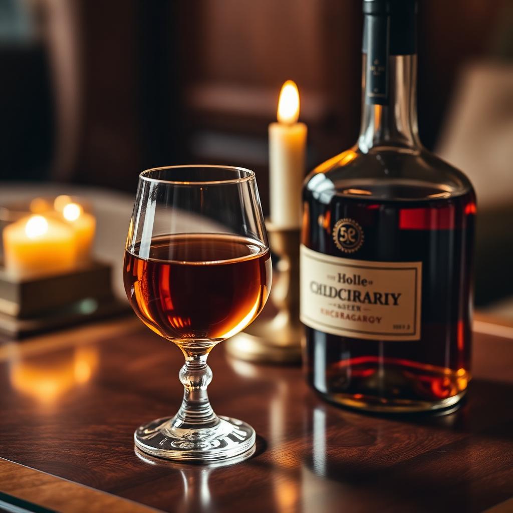 A snifter of golden cognac beside a dark bottle on polished mahogany