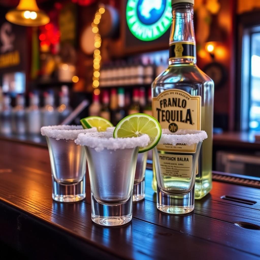 Tequila shot glasses with salt rims and lime wedges beside a tequila bottle