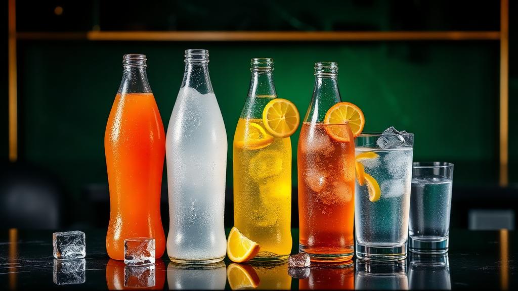 Assortment of ice-cold soft drinks with condensation on the glass