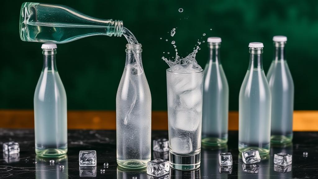 A chilled bottle of mineral water and a glass with ice cubes on marble