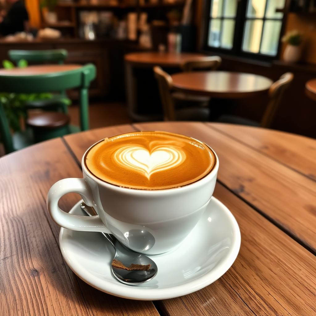 Cappuccino with heart latte art on a wooden cafe table