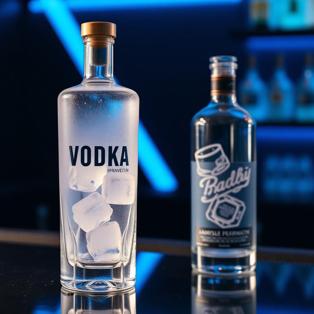 A frosted glass of chilled vodka beside a clear vodka bottle