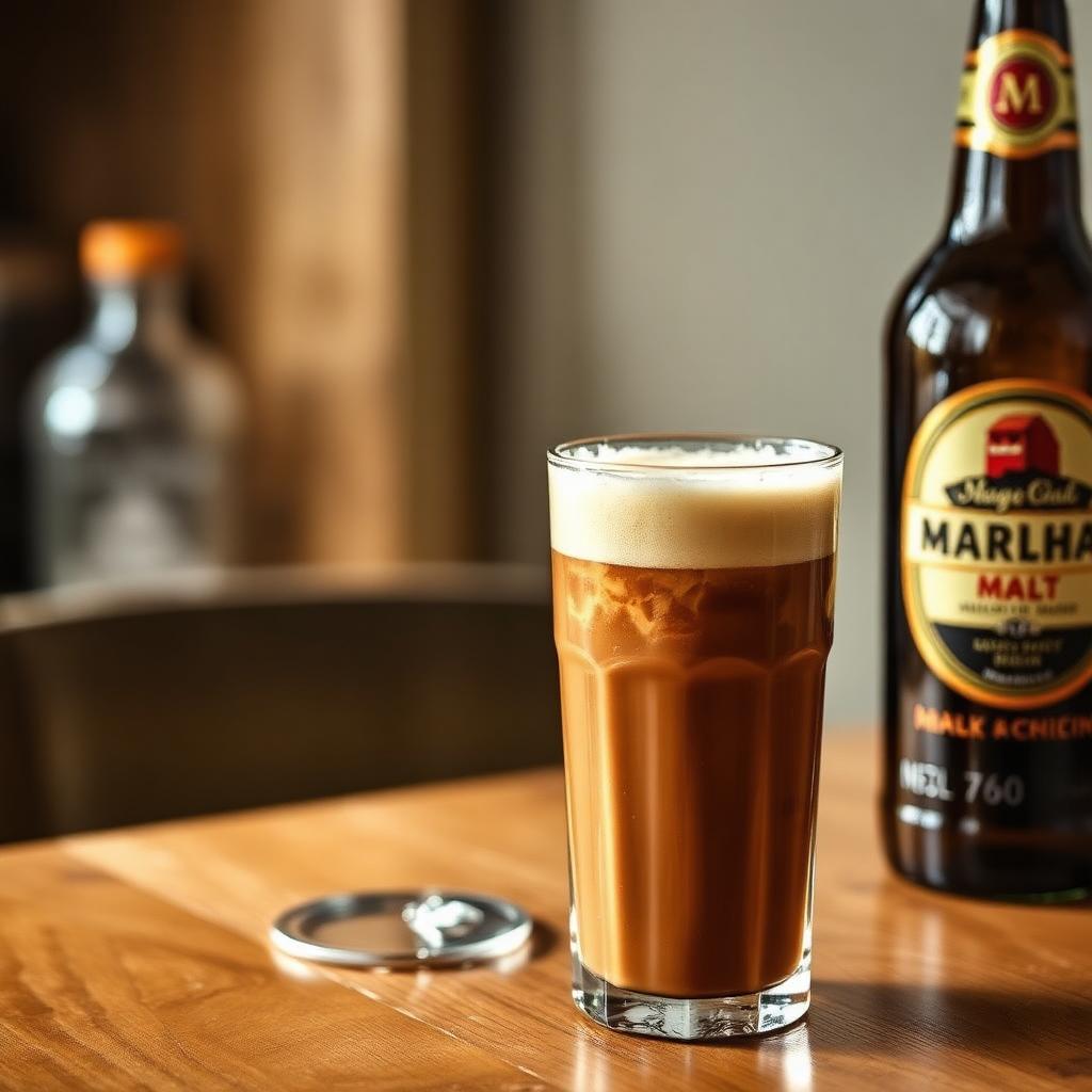 A tall glass of chilled Nigerian malt drink with rich brown color and foamy head