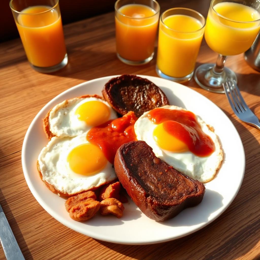 Nigerian breakfast plate of fried yam, plantain and sunny-side eggs with orange juice