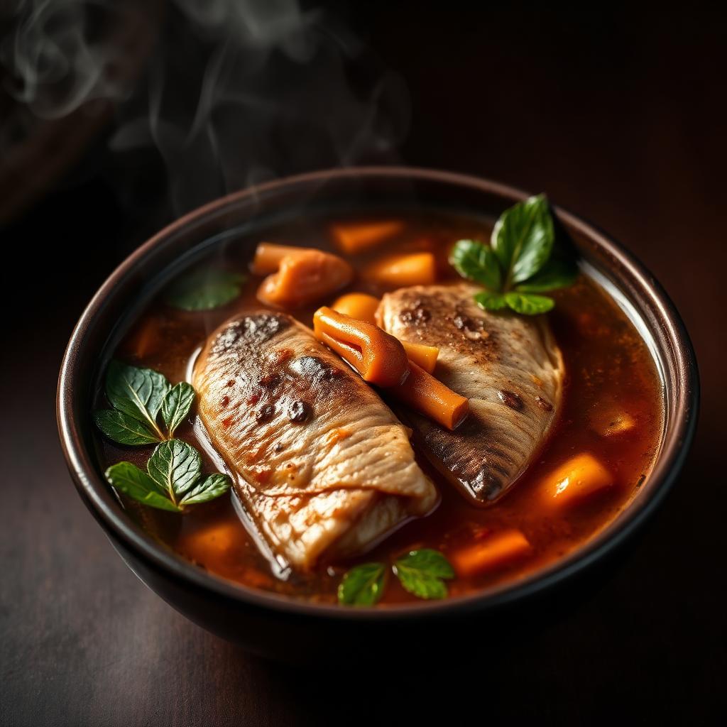Nigerian catfish pepper soup with scent leaves in a dark bowl, steam rising