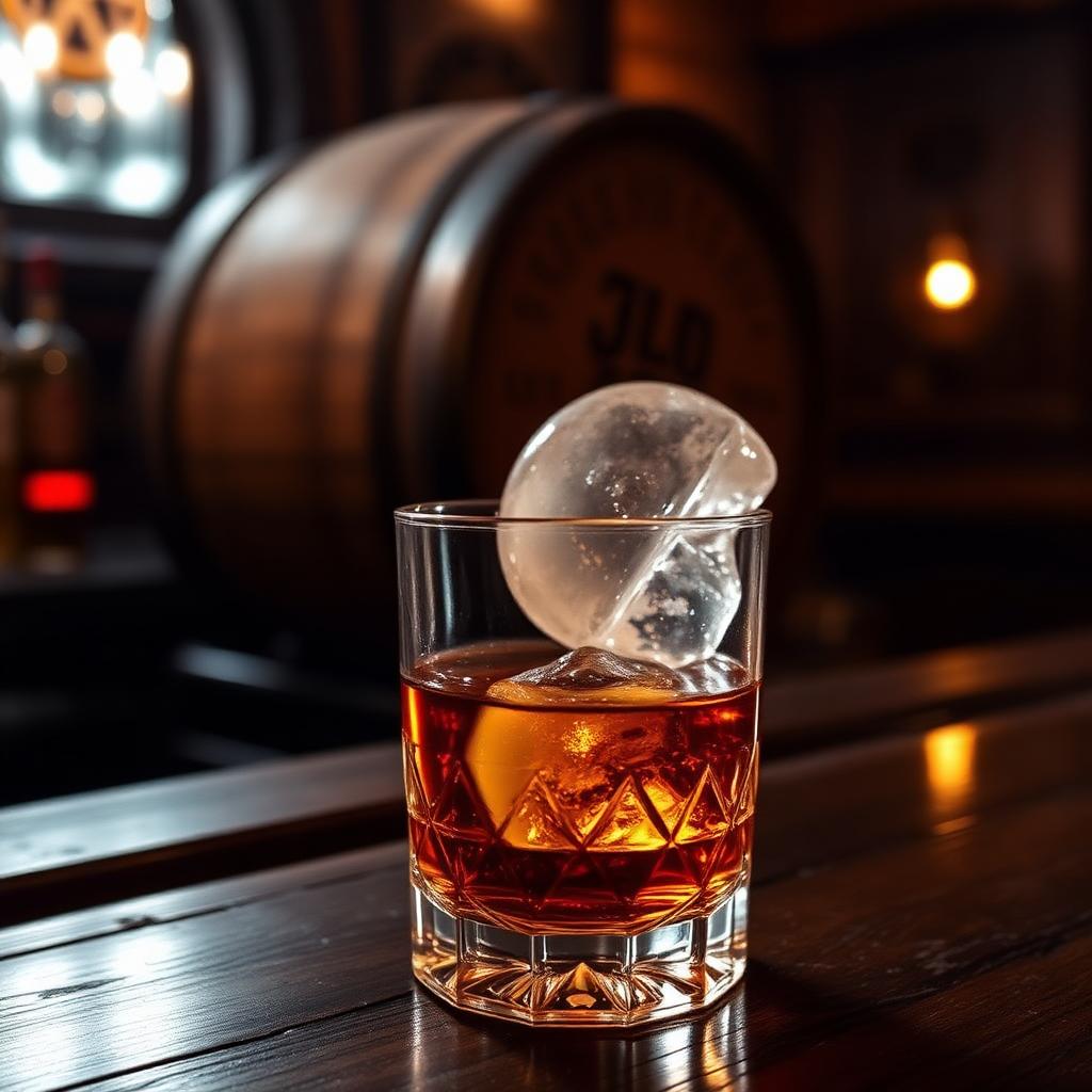 A glass of amber bourbon with an ice sphere on a dark wooden bar