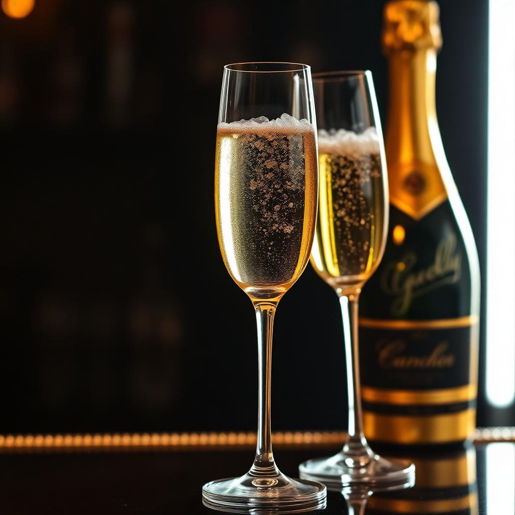 Two flutes of champagne with rising bubbles beside a gold-foil bottle