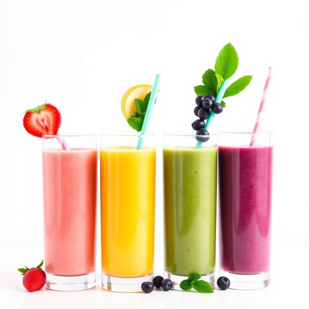Four colorful smoothies in tall glasses