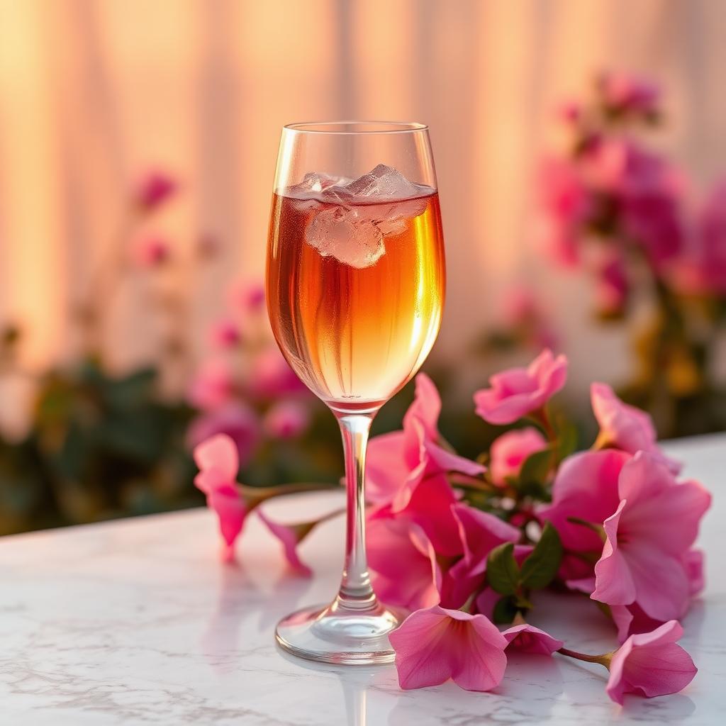 A glass of chilled rosé wine on a marble surface with pink summer flowers