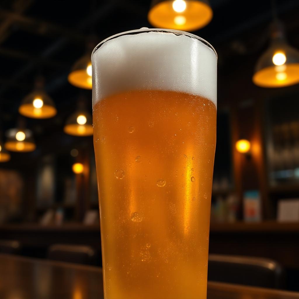 Ice cold golden beer in a tall pilsner glass with white foam