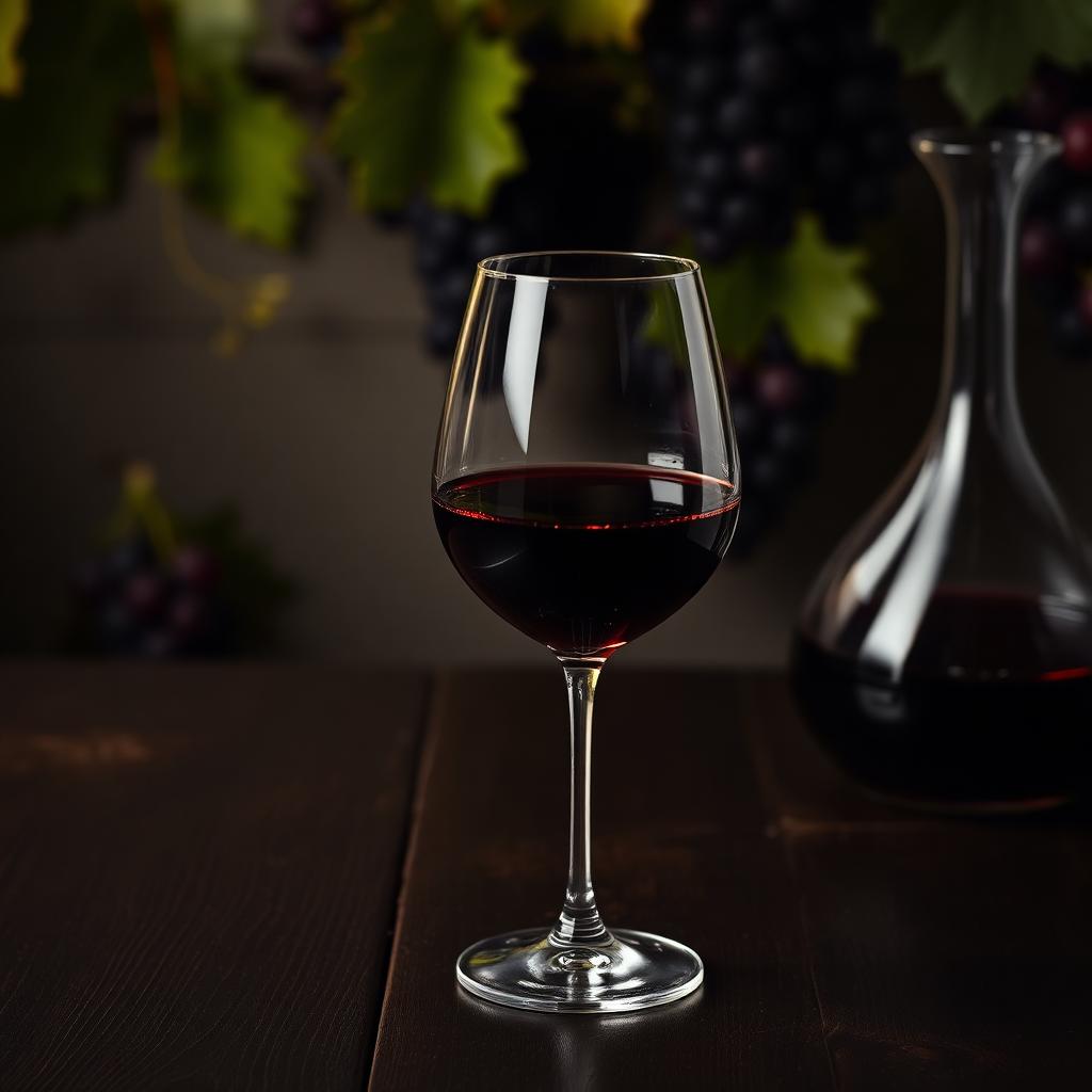 A glass of red wine beside a decanter on a dark wooden table