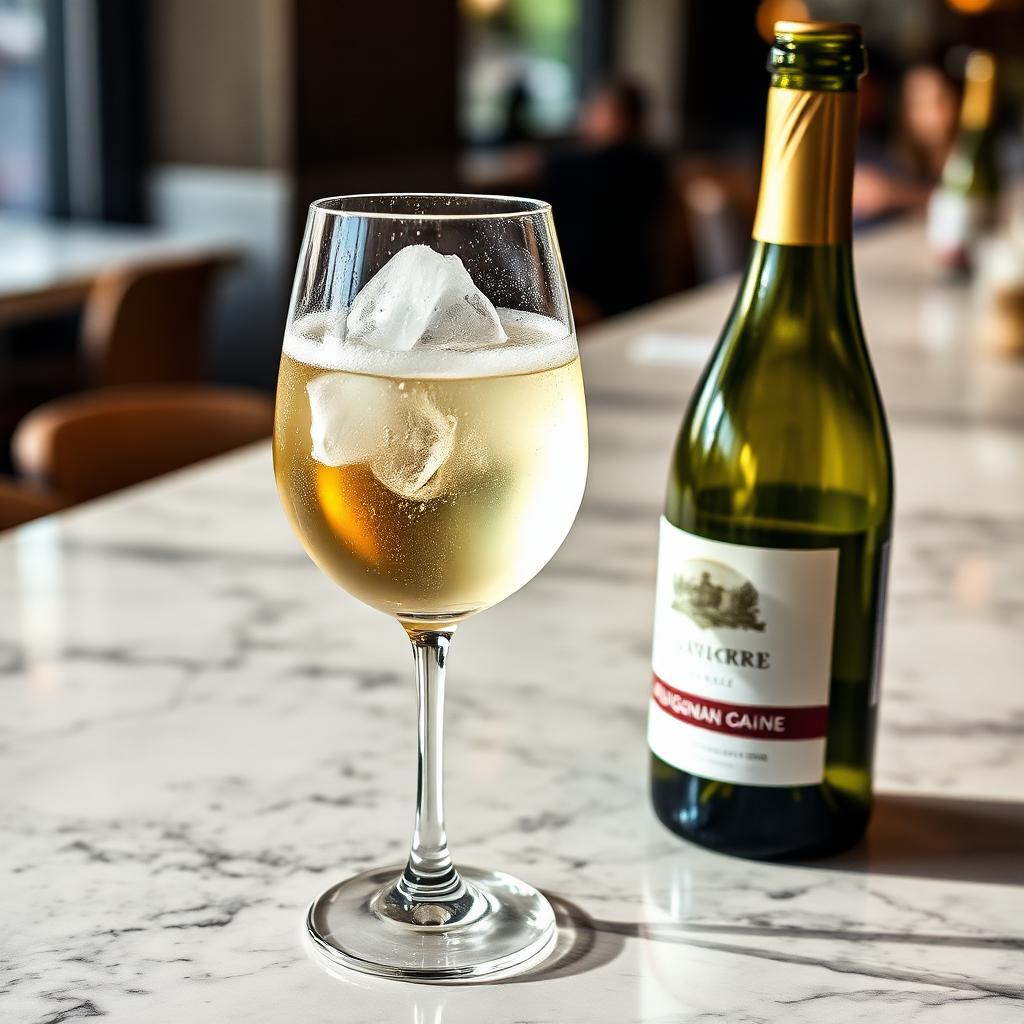 A chilled glass of white wine on a marble bar with a bottle beside it