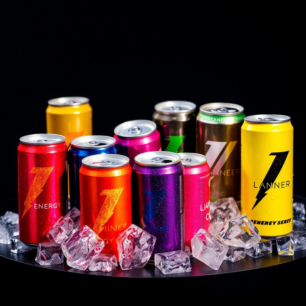 Colorful energy drink cans on ice with subtle neon accent lighting