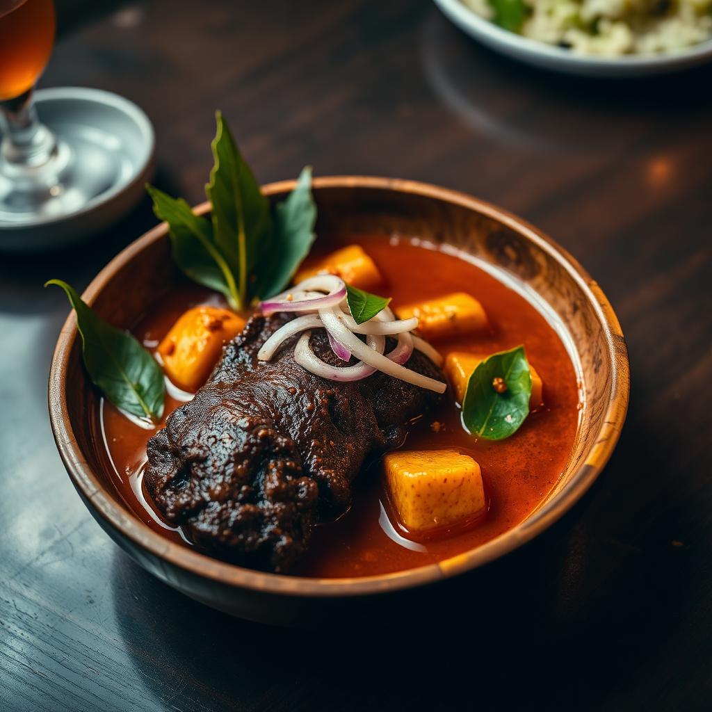 Nkwobi — spicy cow foot in palm oil sauce garnished with onions and utazi leaves