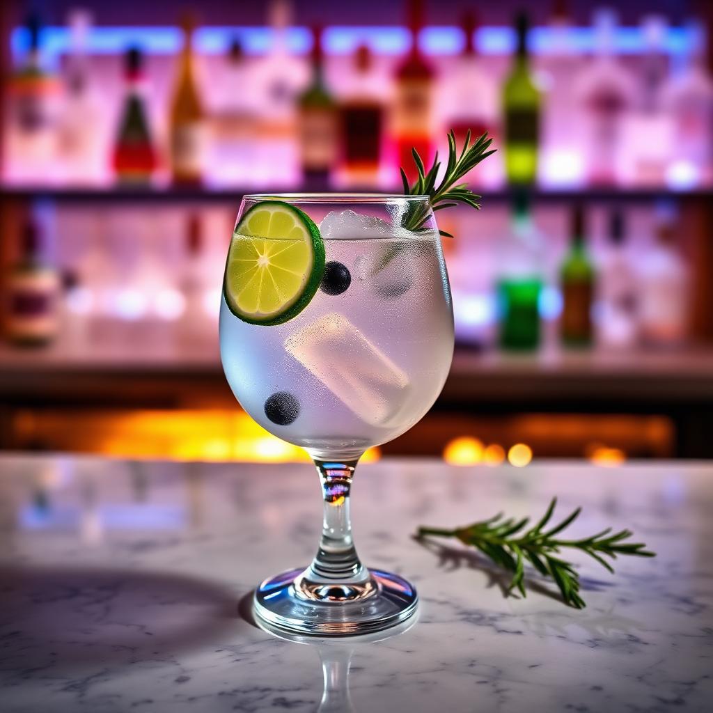 Gin and tonic in a copa balloon glass with juniper, cucumber, lime and rosemary